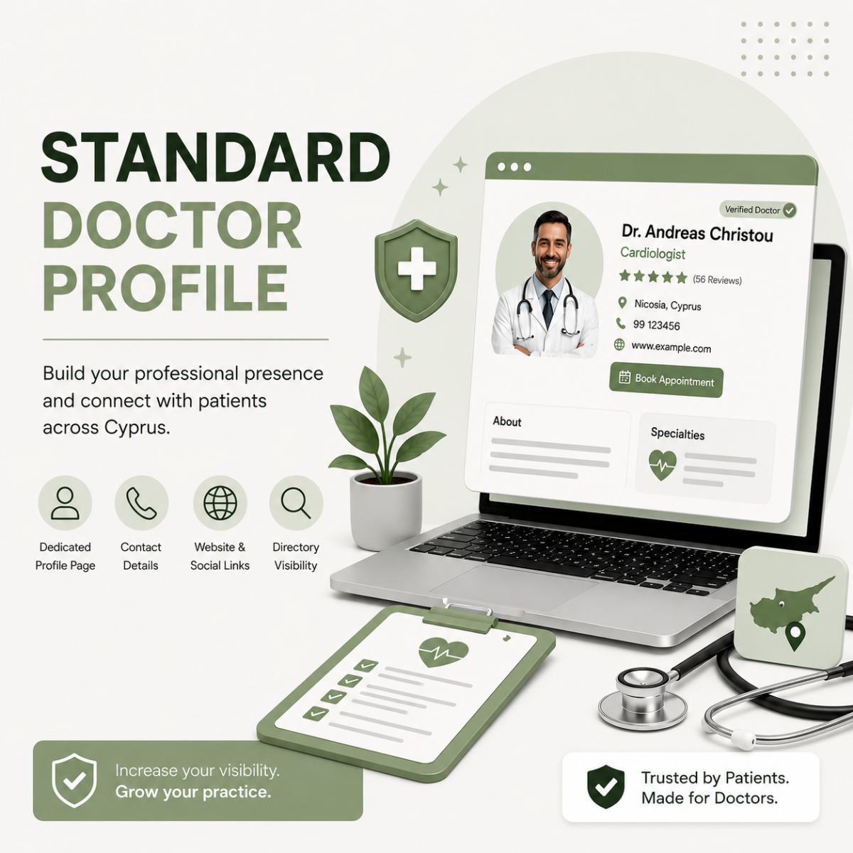Standard Doctor Profile on Doctors Cyprus showing a professional doctor listing with contact details, website links, appointment booking, and directory visibility across Cyprus.