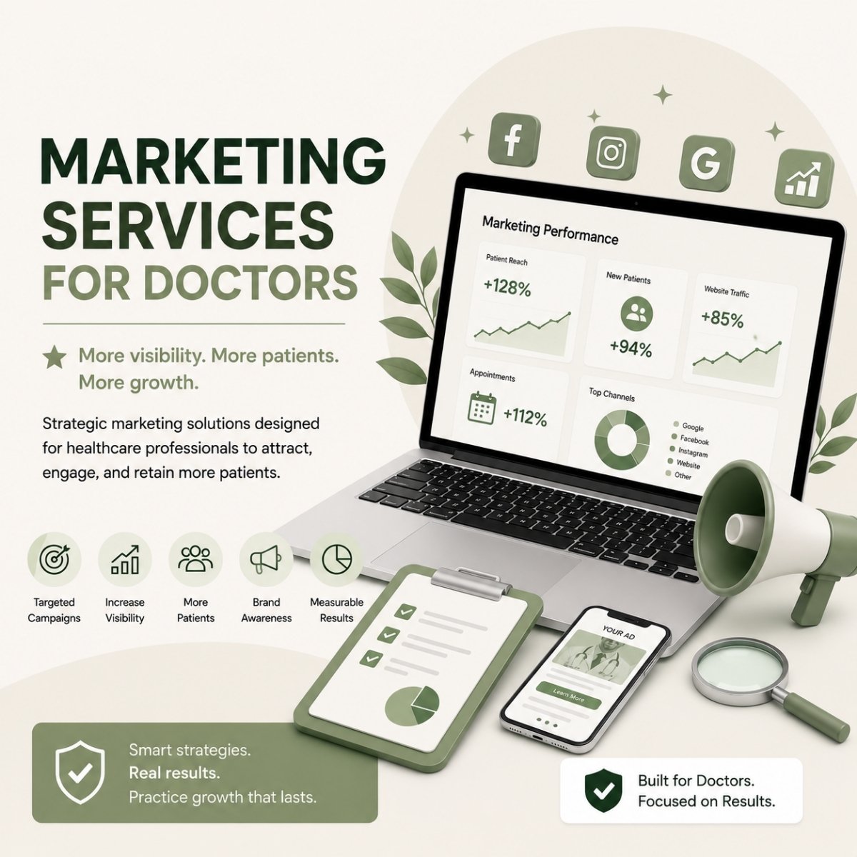 Marketing Services for Doctors in Cyprus showcasing healthcare marketing solutions, patient growth strategies, digital advertising, SEO, social media marketing, and practice visibility enhancement.