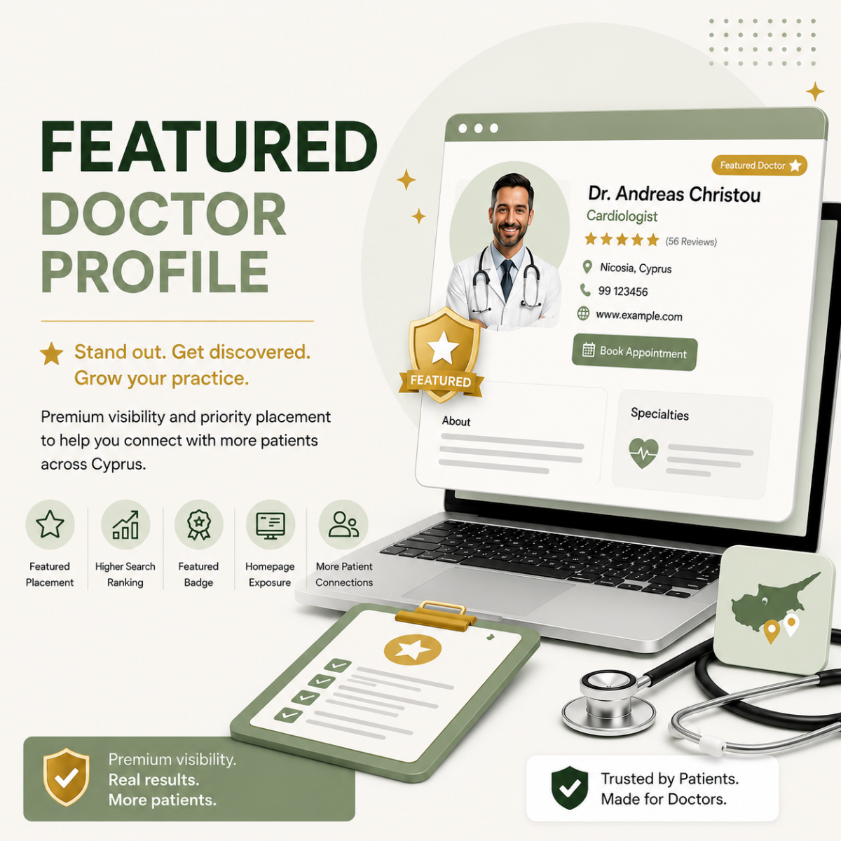 Featured Doctor Profile on Doctors Cyprus highlighting premium visibility, priority placement, enhanced exposure, and increased patient reach for healthcare professionals in Cyprus.