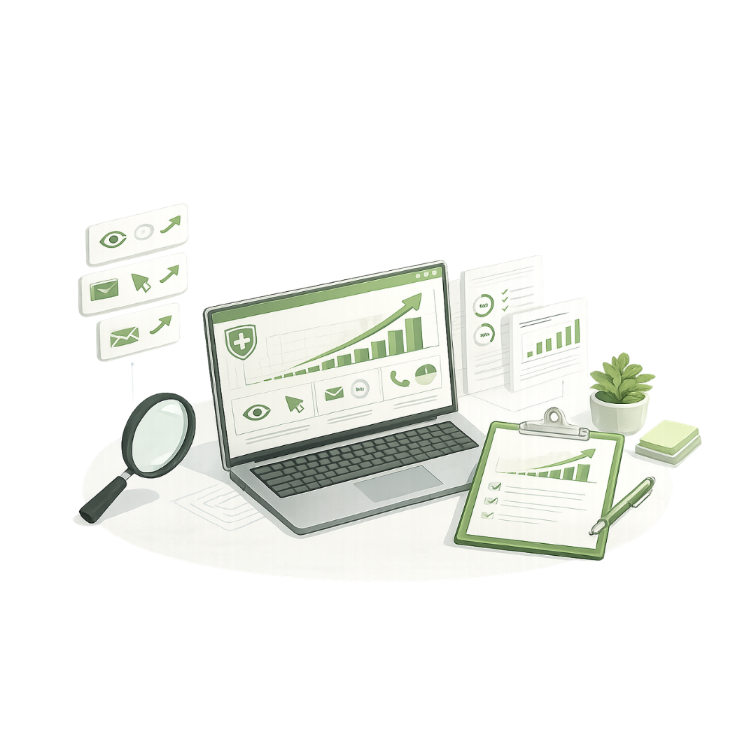 Healthcare analytics dashboard showing performance tracking, monthly reporting, profile views, website traffic and patient enquiry insights for doctors and clinics in Cyprus.