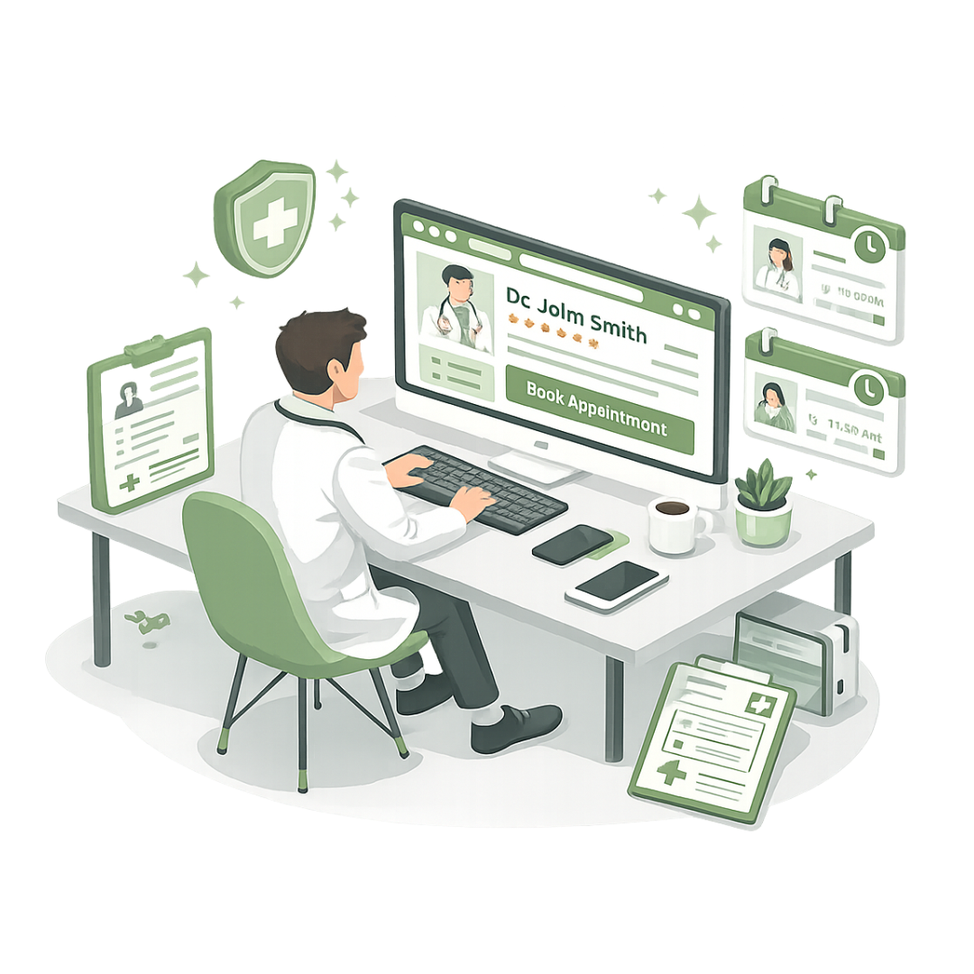 Doctor managing a professional healthcare website designed to help doctors and clinics attract patients online in Cyprus.