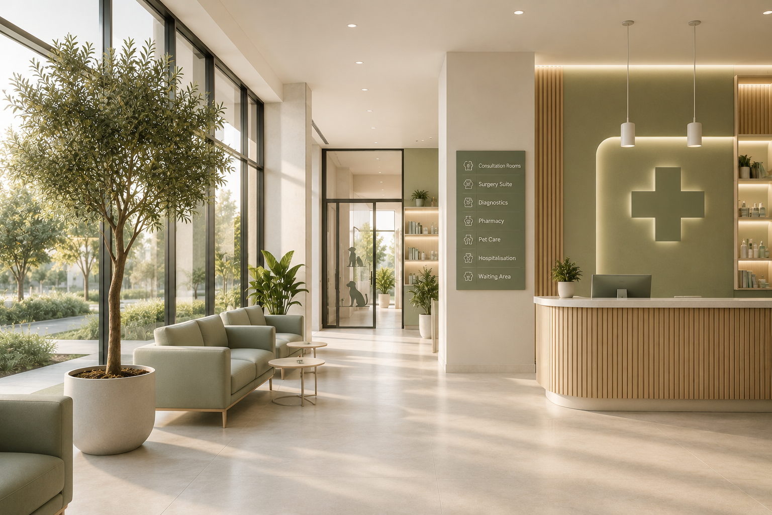 Premium veterinary clinic reception in Cyprus with a modern waiting area, minimalist interior design, natural lighting and contemporary veterinary facilities.