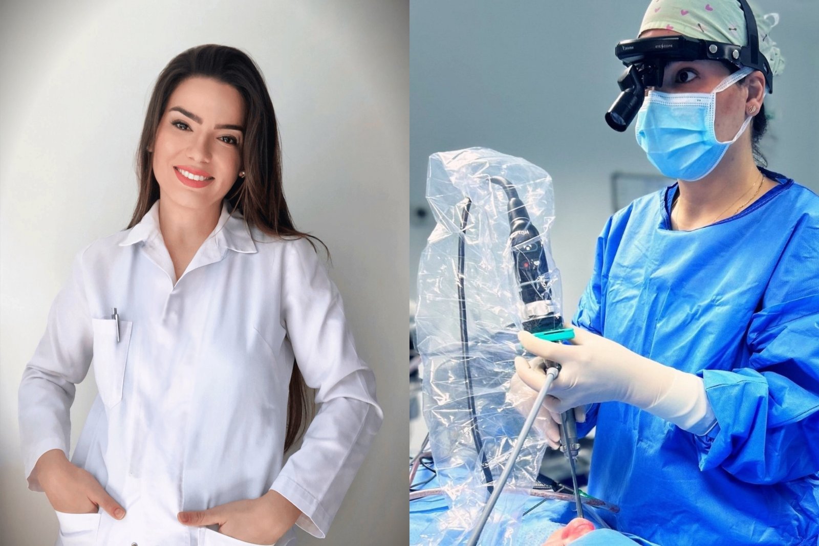 Dr. Katerina Panagiotidi, ENT surgeon in Limassol, pictured in a professional portrait and a surgical setting.