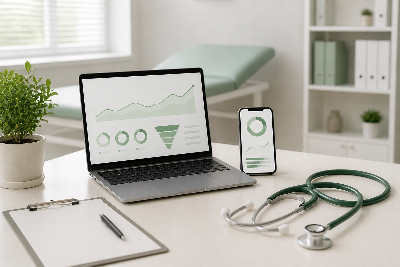 Doctor reviewing digital advertising performance and patient enquiry data in Cyprus