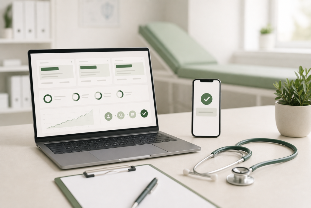 Doctor reviewing a Google Ads campaign and patient lead dashboard in Cyprus