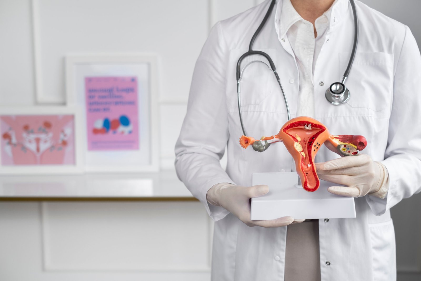 Doctor holding an anatomical model of the uterus for a gynaecology guide