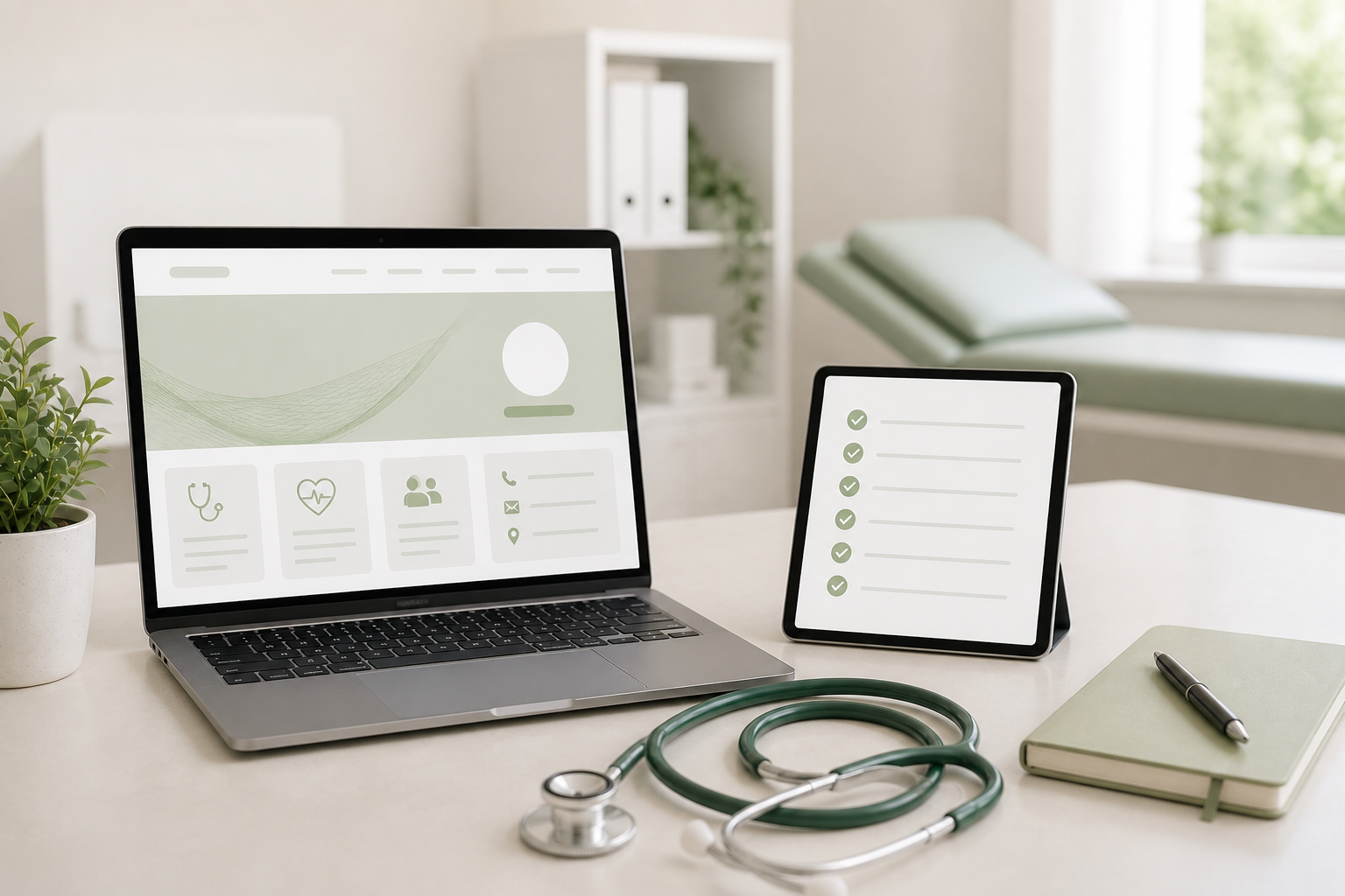 Doctor reviewing a medical website checklist for a clinic in Cyprus