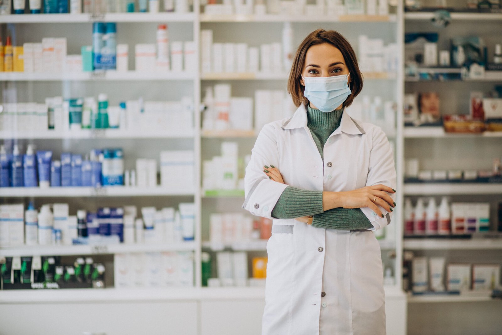 A pharmacist wearing a mask and white coat in front of pharmacy shelves