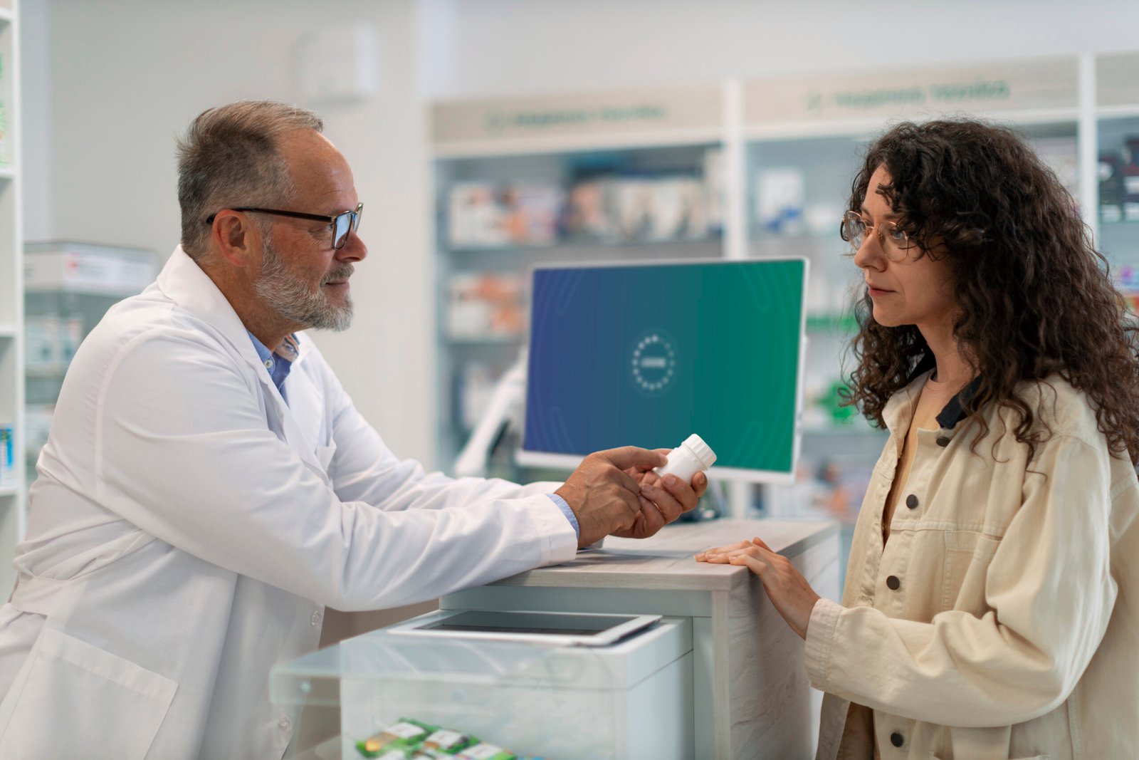 A pharmacist discussing a medicine bottle with a customer