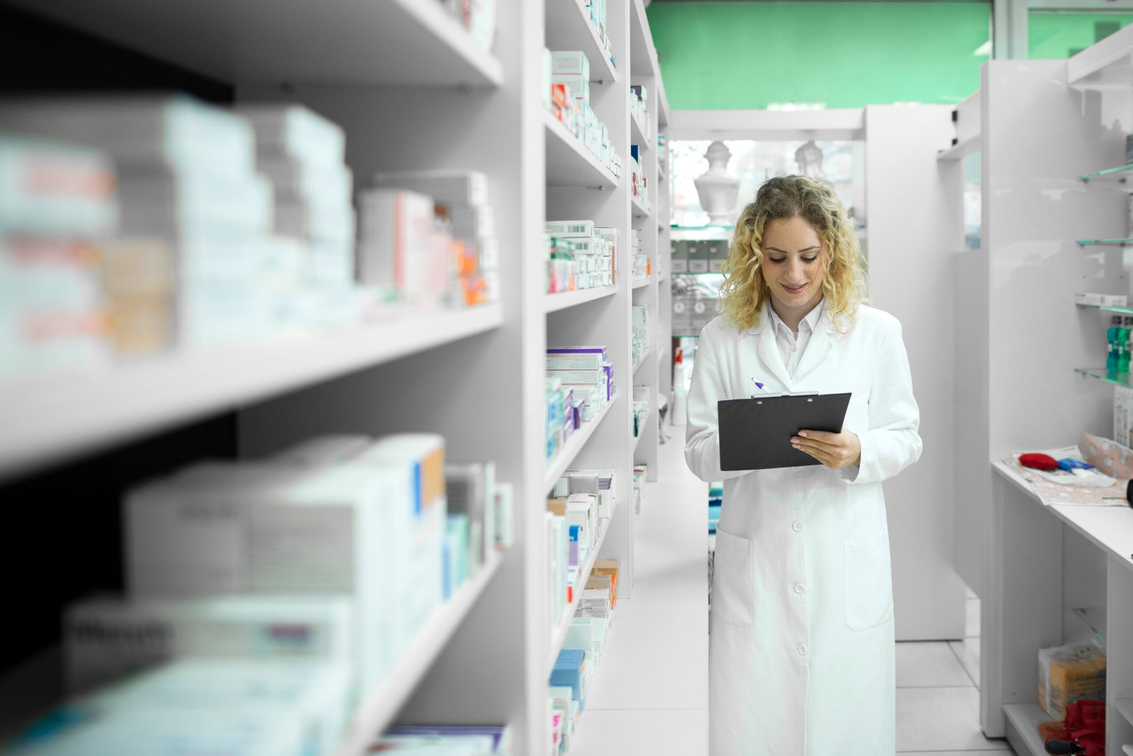 Pharmacist checking medicines on shelves in a pharmacy