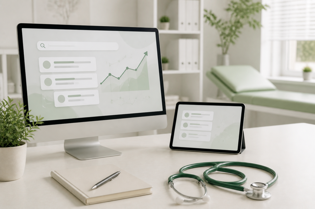Medical professional reviewing SEO visibility and website analytics in Cyprus